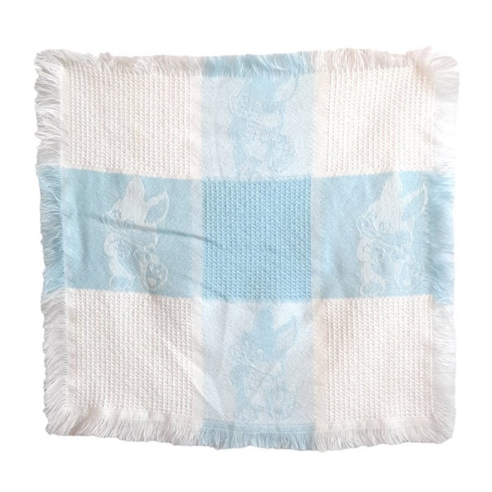 Vintage Bunny Rabbit Squares Woven White Blue Baby Blanket Fringe 16.5" X 17.5"